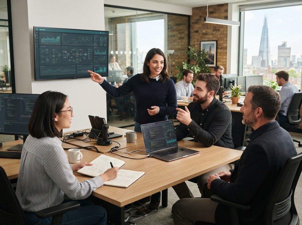Voipvendors analysts reviewing real-time market data on a workstation